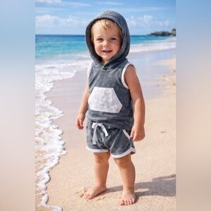 Little Bipsy Gray & White Terry Cloth Baby Hooded tank and shorts